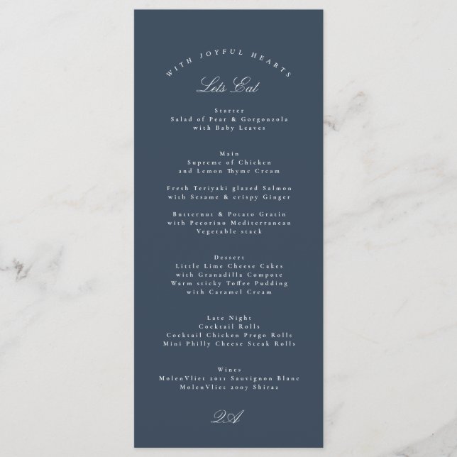 Menú Classic Navy Blue Calligraphy Formal Wedding (Anverso)