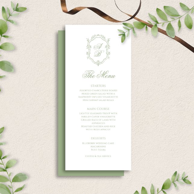 Menú Classic Sage Green Floral Monogram Crest Wedding (Subido por el creador)