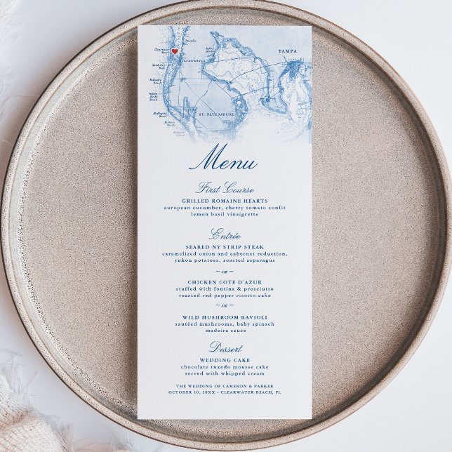 Menú Clearwater Beach FL Map Elegante Boda Azul de la M (Clearwater Beach FL Wedding Menu in Elegant Navy Blue from Coastal Map Designs)