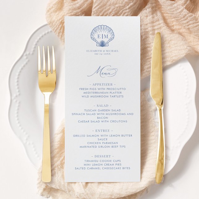 Menú Coastal Blue Beach Shell Monogram Wedding (Subido por el creador)