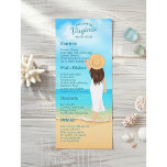 Menú Coastal Chic Virginia Beach House Rental Guest<br><div class="desc">Welcome your guests to paradise with this elegantly designed Coastal Chic Virginia Beach House Menu. Perfect for high-end vacation rentals, beach weddings, or tropical dinner parties, this menu card features a stunning illustration of a woman in a white sun dress and straw hat strolling along a sun-drenched shoreline. The serene...</div>