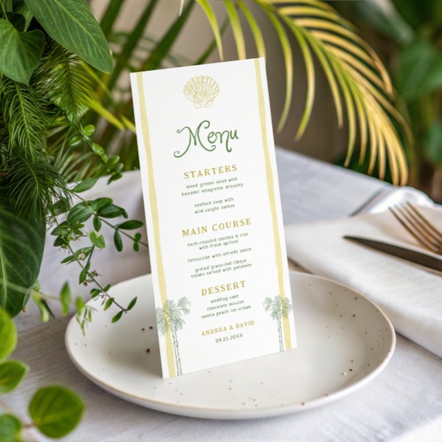 Menú Coastal Yellow Stripes Seashell Palm Tree Wedding (Subido por el creador)