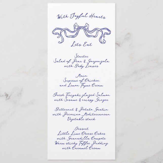 Menú Cobalt Blue La Dolce Vita Ribbon Ecru Boda (Anverso)