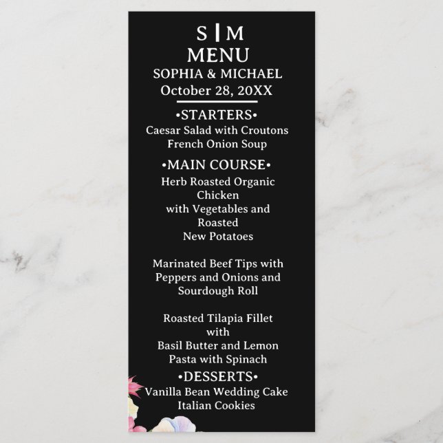 Menú Código QR de Bodas de Flores Acuarela Azules y Ros (Anverso)