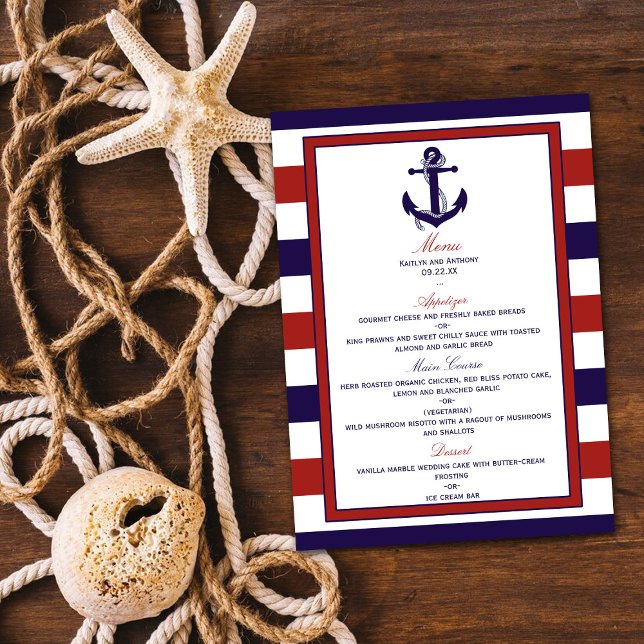 Menú Colección de Bodas de Anchor Náutico Rojo y Marina (Subido por el creador)