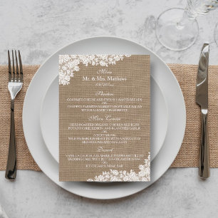 Menú Colección Rustic Burlap & Vintage White Lace