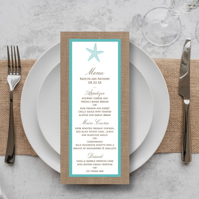 Menú Colección Turquoise Starfish Burlap Beach Wedding (Subido por el creador)