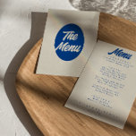 Menú Colorido Retro Luminoso Funky Boda de la cena mode<br><div class="desc">Un colorido menú retro funky moderno y luminoso para la cena boda. Que presenta el diseño de plantillas de moda de fondo lechoso boho beige vintage y tipografía azul y menú vintage en negrita en azul. Un menú perfecto y fácil de editar, que coincide con el conjunto de la suite....</div>