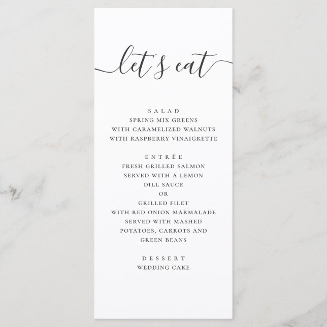 Menú Comamos. Boda de guiones simples en blanco y negro (Anverso)
