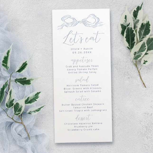 Menú Comamos un Boda con la mano azul turbia (Let's Eat Dusty Blue Hand Drawn Bow Wedding Menu)