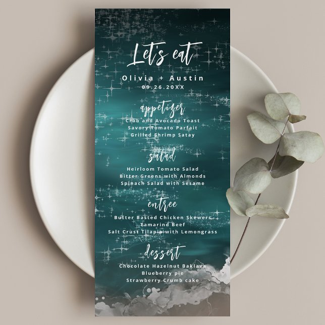 Menú Comamos un resumen de la boda en la playa del océa (Let's Eat Abstract moody ocean beach wedding Menu)