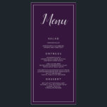 Menú Comedor Boda morado y plateado<br><div class="desc">Un encantador menú de la recepción de bodas, este artículo presenta un fondo morado con una fuente plateada y un borde. La palabra "Menú" está escrita en la parte superior en una hermosa fuente plateada. El resto de la información está escrita en una hermosa letra plateada. Personaliza como quieras. Diseño...</div>