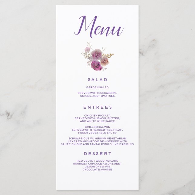 Menú Comedor de Boda morado floral (Anverso)