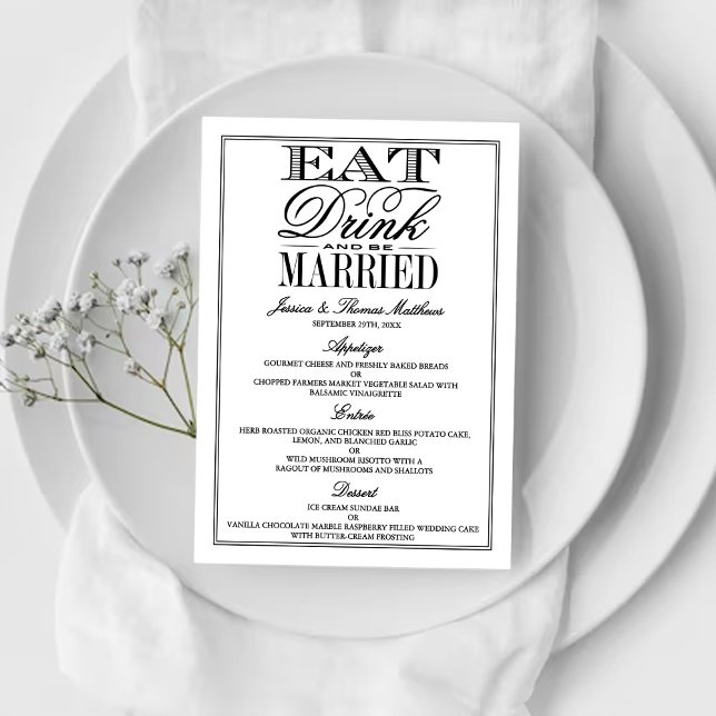 Menú Comer, beber y casarse Boda negro/blanco moderno (Subido por el creador)
