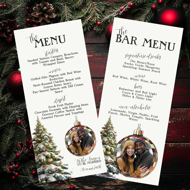 Menú Comer, beber y ser Boda navideño (Wedding Menu & Bar Menu for Christmas Wedding with Personalized Ornament Photo)