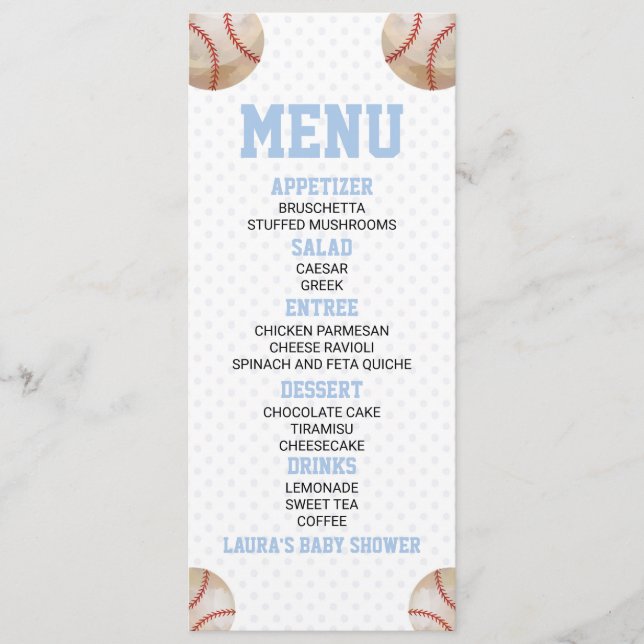 Menú Comida Baby Shower azul para deportes de béisbol (Anverso)