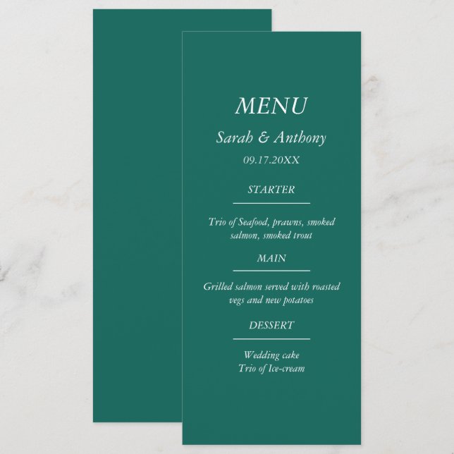 Menú Comida Boda moderna de estilo verde esmeralda (Anverso / Reverso)