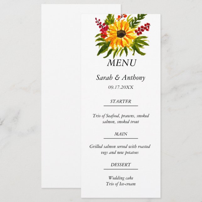 Menú Comida de casada de flores botánicas de girasol (Anverso / Reverso)