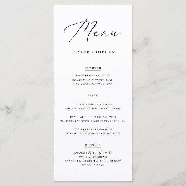 Menú Comida simple y elegante Boda de guiones Boda (Anverso)