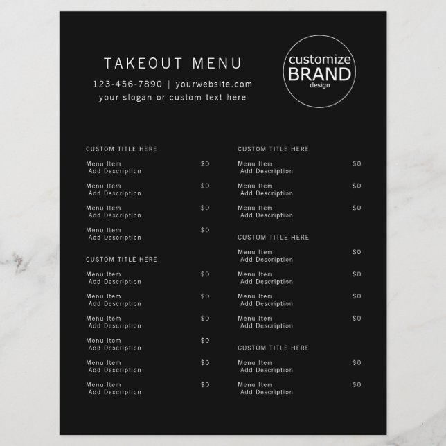 Menú con el logotipo del restaurante Takout Cateri (Anverso)