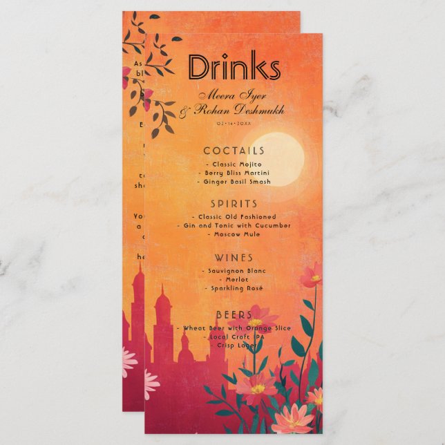 Menú Con encantadora carta de bebidas Sunset Serenade (Anverso / Reverso)