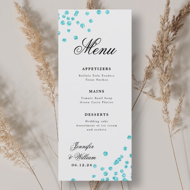 Menú Confetti Turquoise, Boda de escritura románica (Romantic Script Wedding Confetti Turquoise Menu)