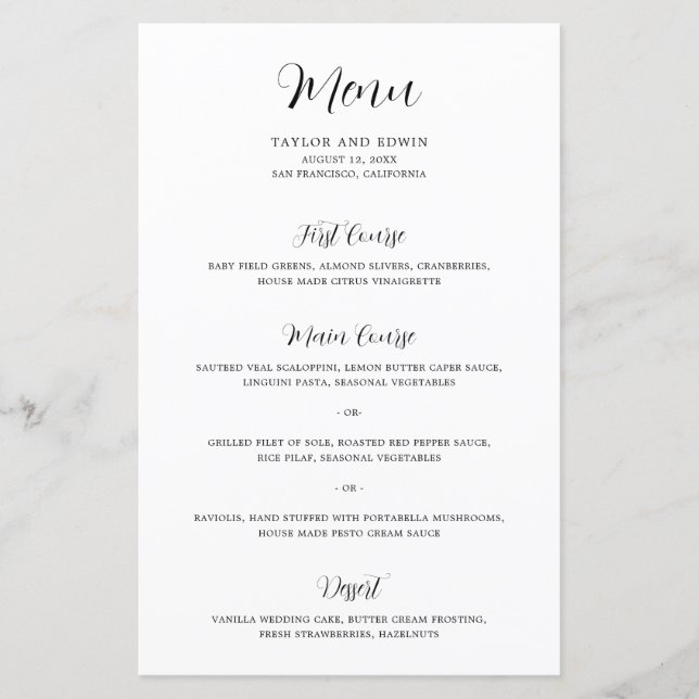 Menú contemporáneo de Bodas modernos en blanco y n (Anverso)