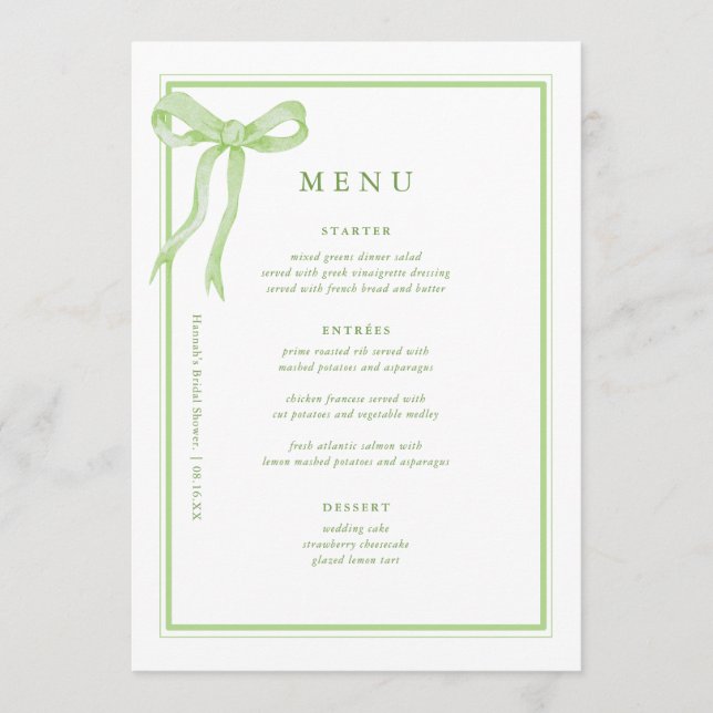 Menú Coquette Toile Green Bow Bridal Shower (Anverso)