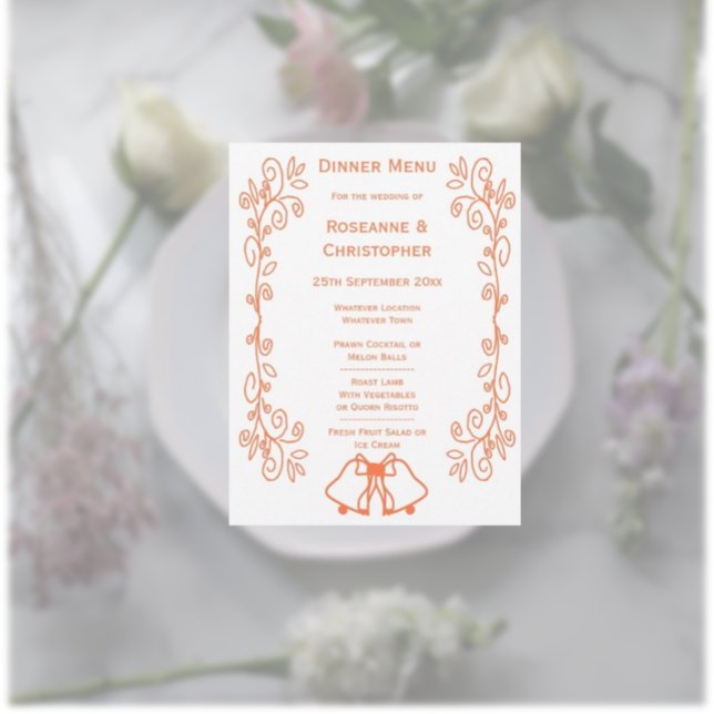 Menú Coral Bells Scrollwork Design Boda (Coral wedding menu bells and scrollwork design)