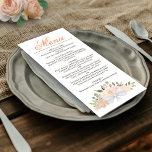 Menú Coral Peach Watercolor Floral Elegante Boda<br><div class="desc">Una bonita carta boda con un rústico diseño de moda boho con título caligráfico de guión y un conjunto de rosas acuarelas pintadas a mano, flores y vegetación en tonos melocotón y naranja pálido. El texto está completamente en personalizable con el espacio para el nombre de la pareja y la...</div>