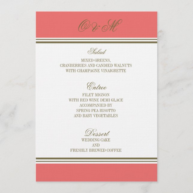 Menú coralino de la boda de la raya simple (Anverso)