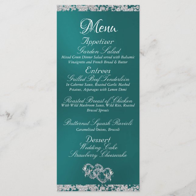 Menú Corazones, monogramas y Purpurinas - Boda Verde az (Anverso)