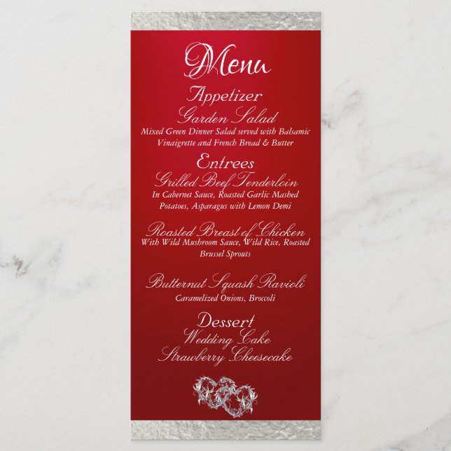 Menú Corazones y monogramas - Boda Crimson/Plata (Anverso)