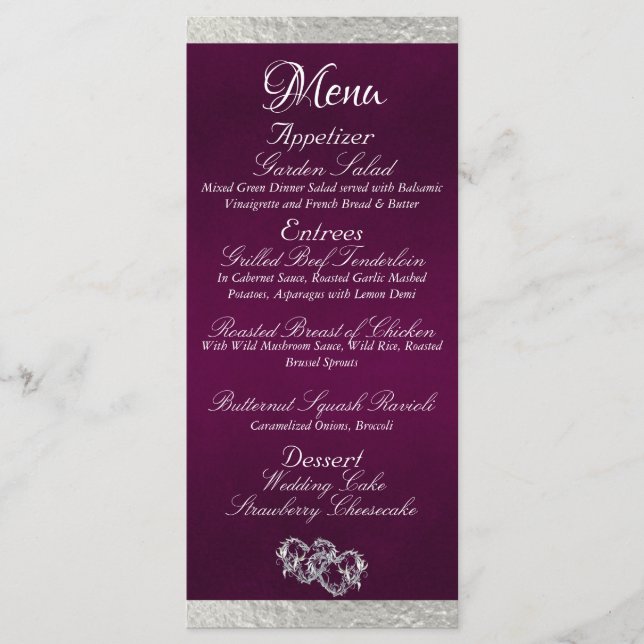 Menú Corazones y monogramas - Boda morado/plateado (Anverso)