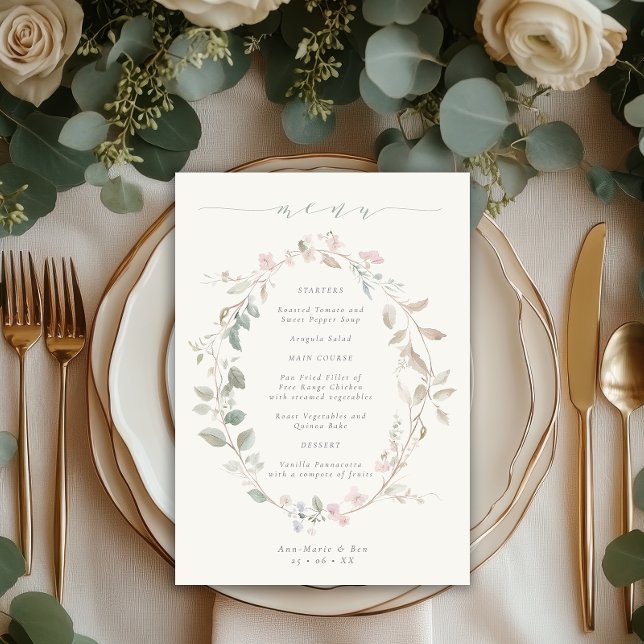 Menú Corona floral delicada romántica boda (Subido por el creador)