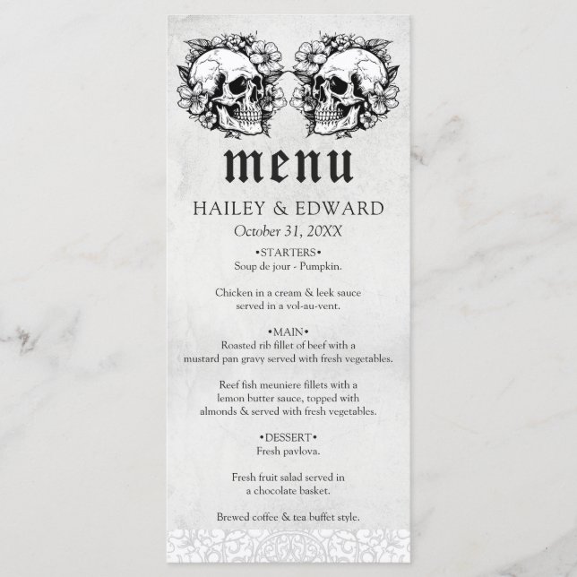 Menú Cráneo floral gótico Boda blanco y negro (Anverso)