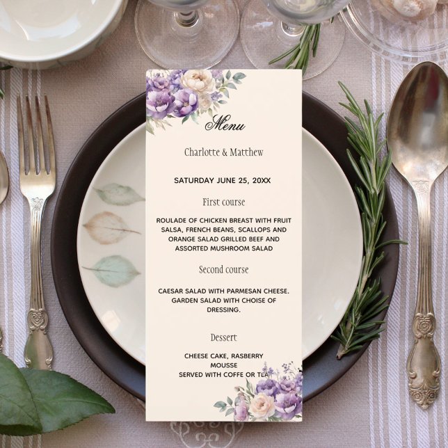 Menú Crema floral champán lavanda boda (Subido por el creador)
