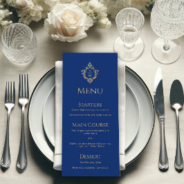 Menú Crest de Bodas con Monograma en Azul Real y Hoja d