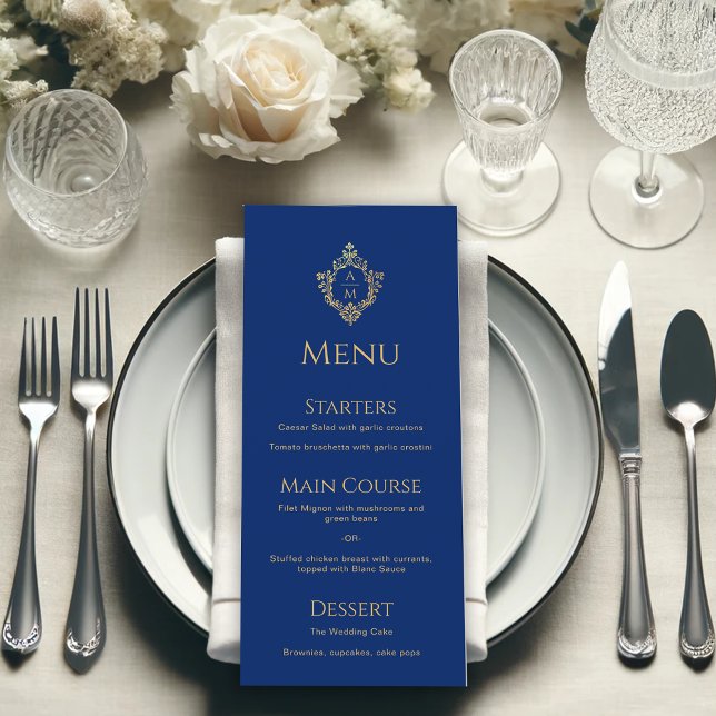Menú Crest de Bodas con Monograma en Azul Real y Hoja d (Subido por el creador)