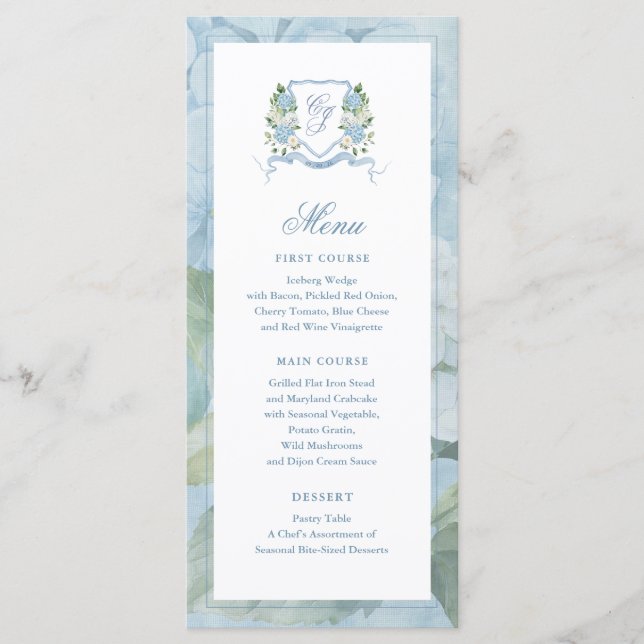 Menú Crest Floral Acuarela Azul Polvoriento Boda (Anverso)