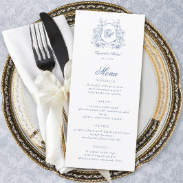 Menú Crest Floral Azul Monograma Boda Elegante