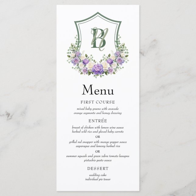 Menú Crest Floral Blanco Morado Boda (Anverso)