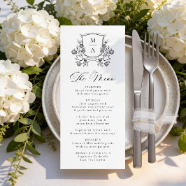 Menú Crest Floral Elegante Monograma de Boda