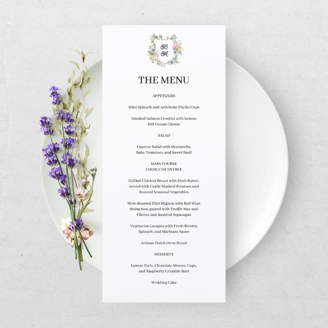 Menú Crest Monograma Floral Formal de Boda (Subido por el creador)