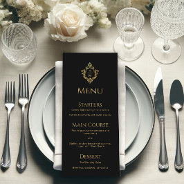 Menú Crest Negro Falso Oro Monograma Elegante de Boda