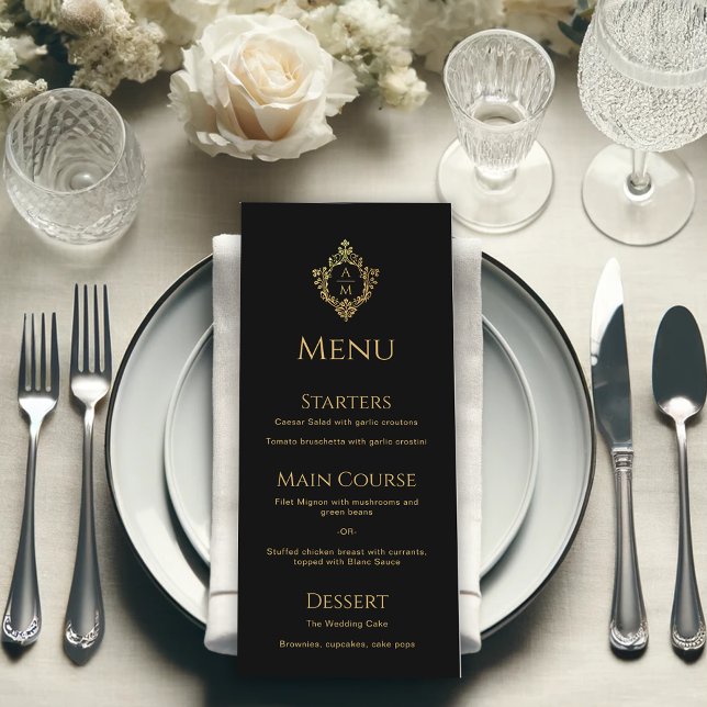 Menú Crest Negro Falso Oro Monograma Elegante de Boda (Subido por el creador)