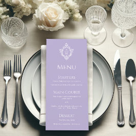 Menú Cresta Lila Boda Vintage Púrpura Monograma