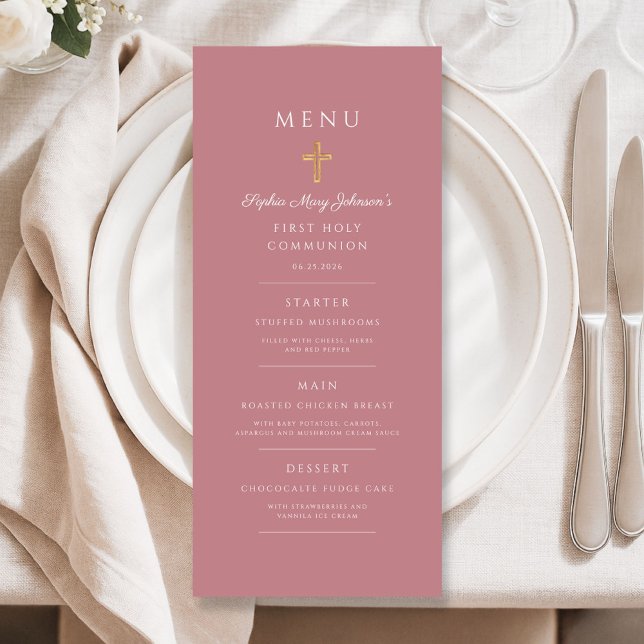 Menú Cruz religiosa rosa elegante primera comunión (Elegant Pink Religious Cross First Communion Menu)
