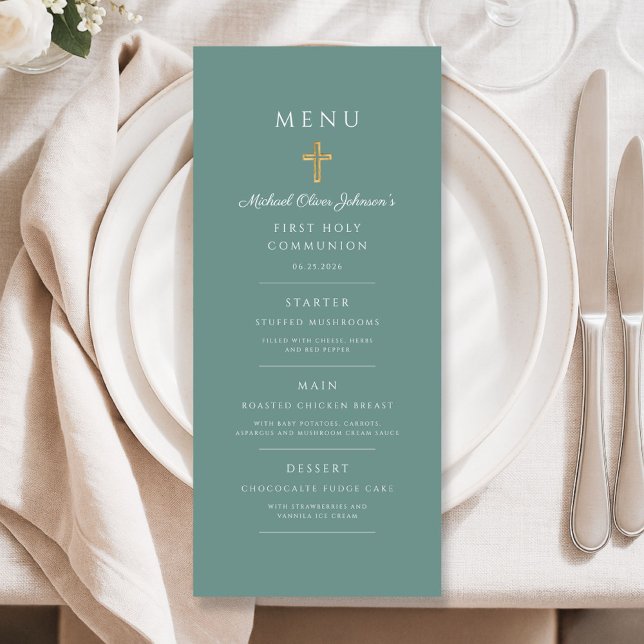 Menú Cruz Religiosa Verde Niño Primera Comunión (Green Religious Cross Boy First Communion Menu)