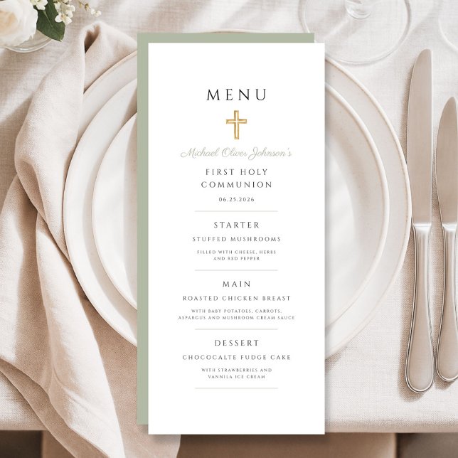 Menú Cruz religiosa verde salvia niño primera comunión (Sage Green Religious Cross Boy First Communion Menu)